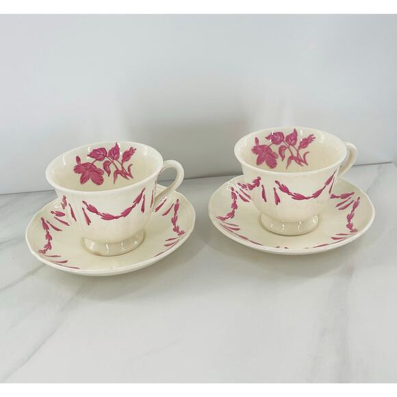 2 Williamsburg Husk by WEDGWOOD Footed Cup & Saucer Set, Teacup Ribbon Floral - Picture 4 of 11